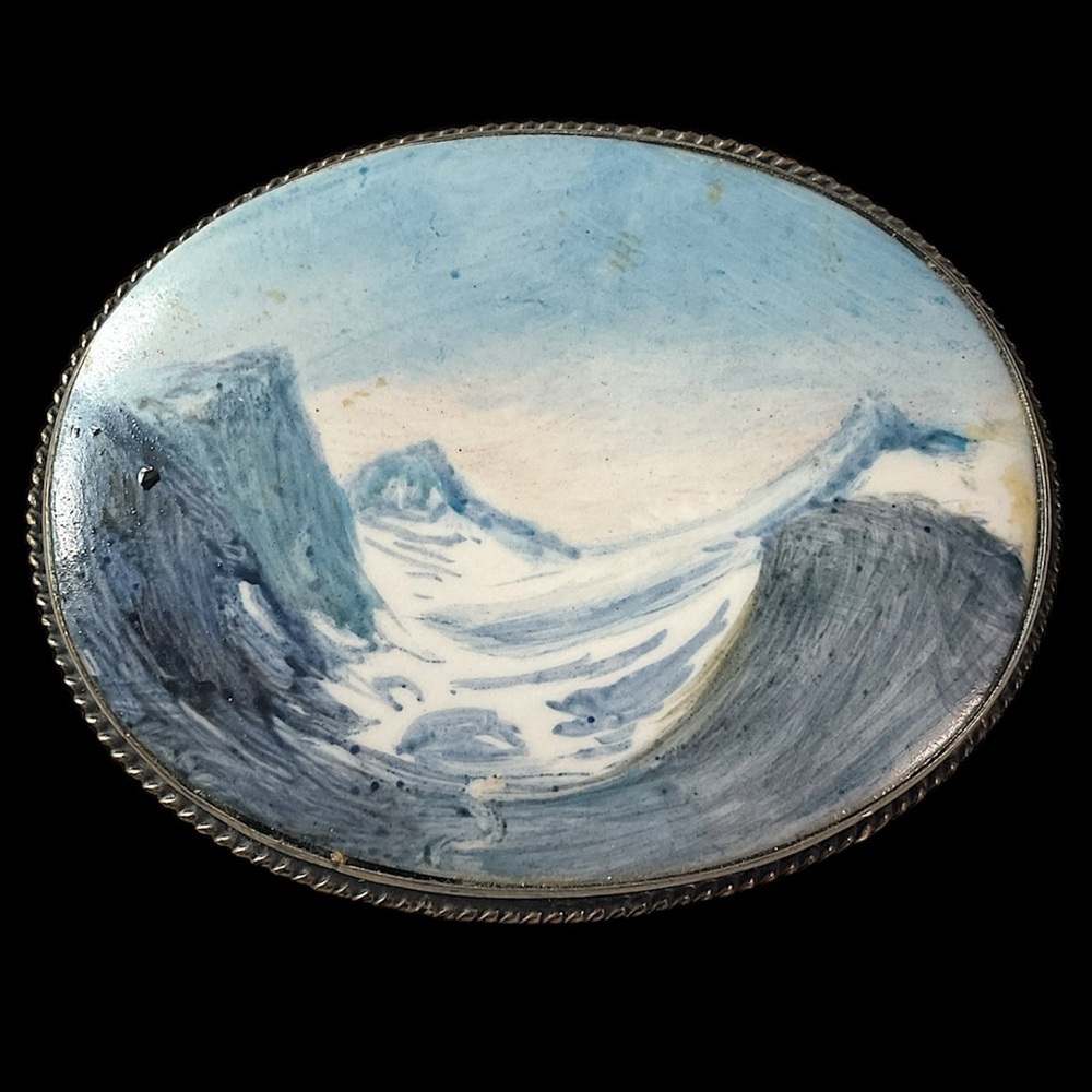 Russian Sterling Art Deco Vintage Landscape Glacier Mountain Hand Painted Brooch